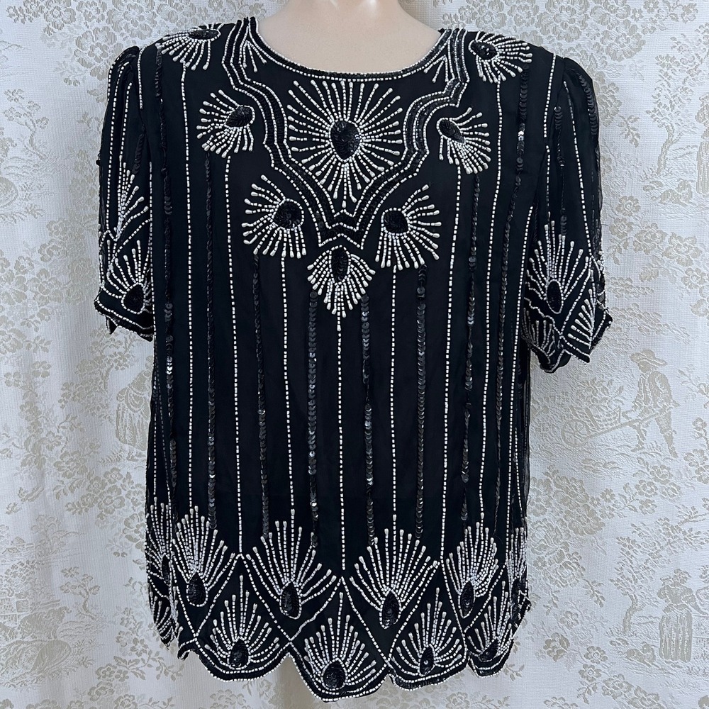 Vtg Intricate Black Beaded Sequin Silk Short Sleeve Top 1X Art Deco Evening Glam